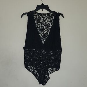 Ambiance Black Lace Bodysuit V Neck Razor Back Plus Size